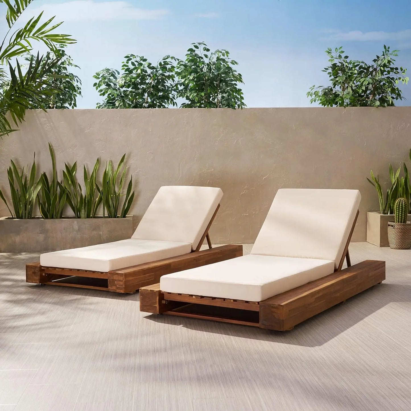 Acacia Wood Outdoor Chaise Lounge Set of 2