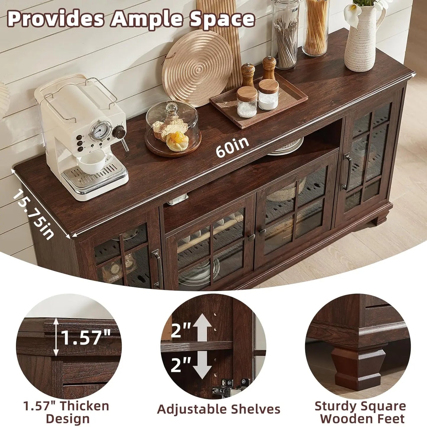 Farmhouse Sideboard Buffet Cabinet with Glass Windows