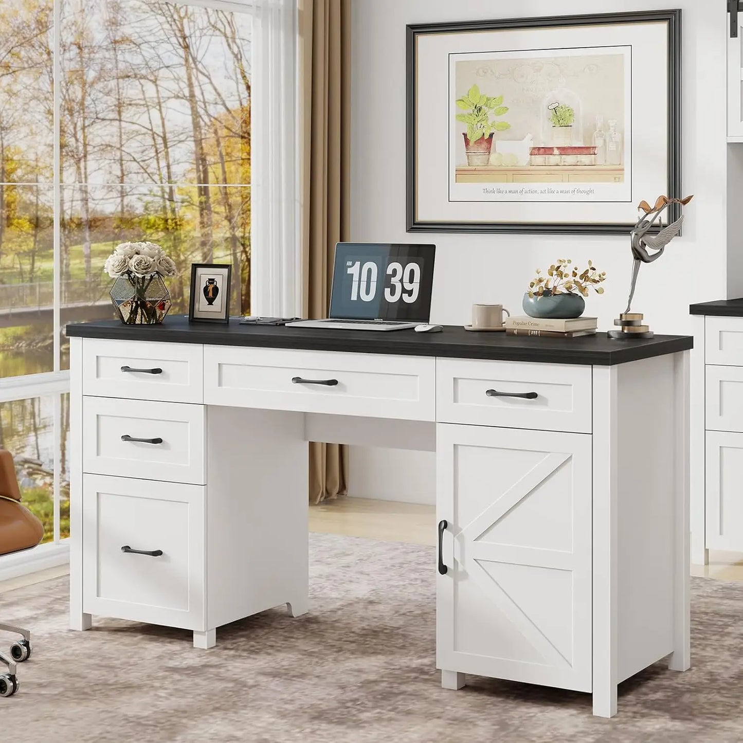 Farmhouse Home Office Desk with Drawers & Storage Cabinet