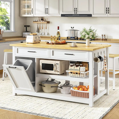 Farmhouse Kitchen Island with Dining Area, 2 Bar Stools & Trash Cabinet