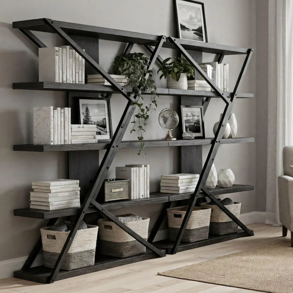 Industrial Farmhouse Bookcase with Wood and Metal Frame