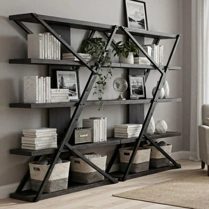 Industrial Farmhouse Bookcase with Wood and Metal Frame