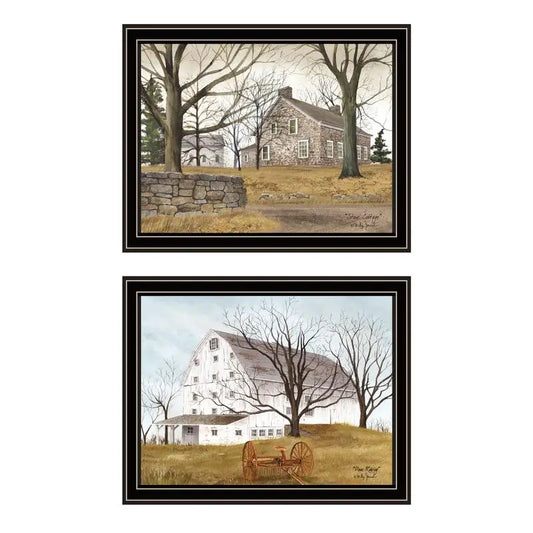 2-Piece Farmhouse Wall Art Set - Stone Cottage & White Barn with Hay Rake - Framed Print for Living Room & Bedroom Decor