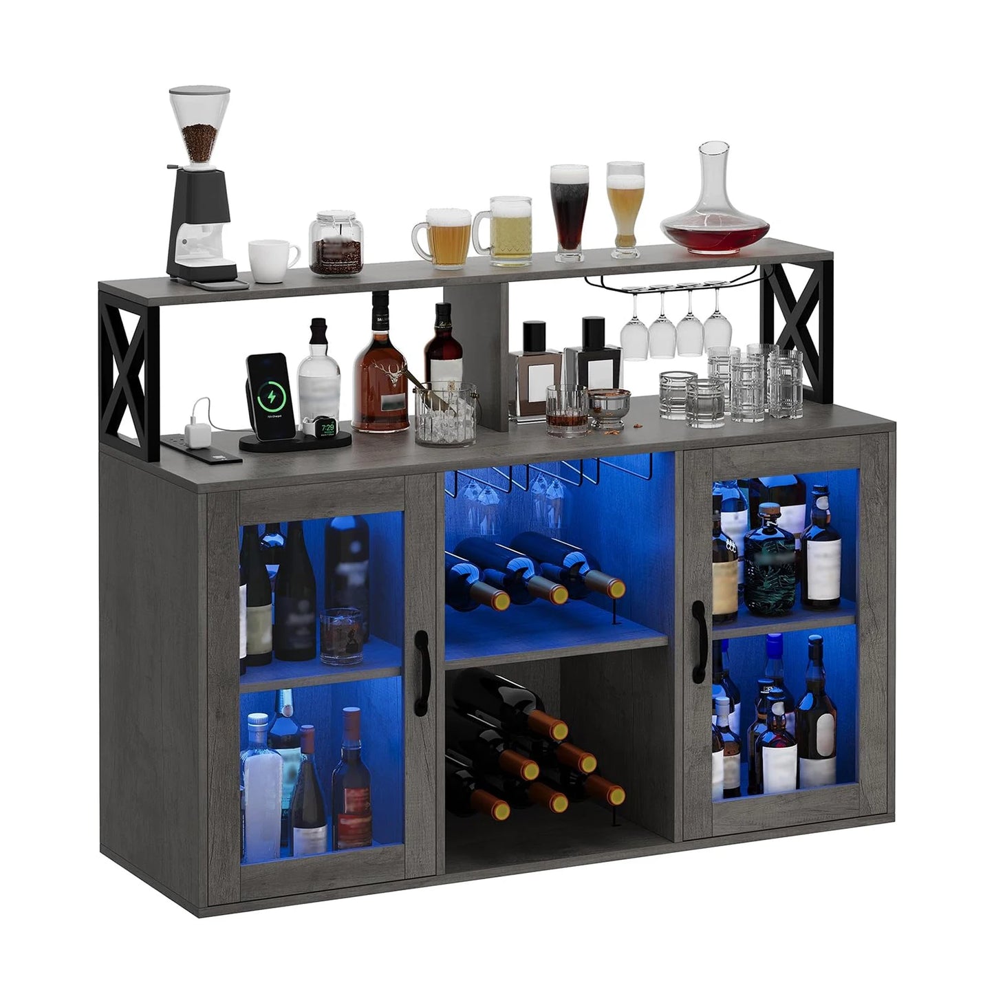 Farmhouse Wine Bar Cabinet with LED Light &Power Outlets