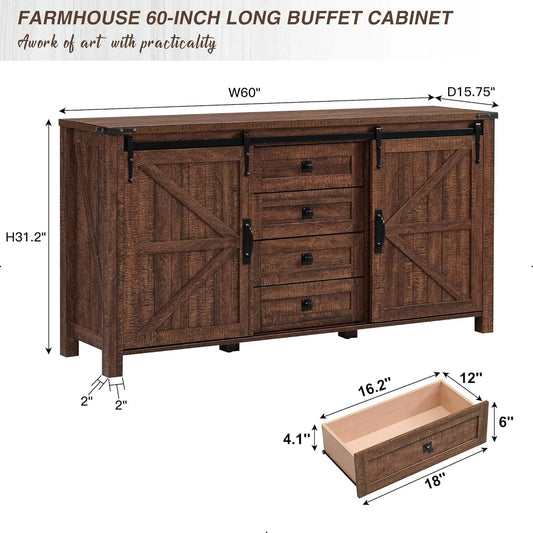 Rustic Farmhouse Coffee Bar Cabinet with Sliding Barn Doors