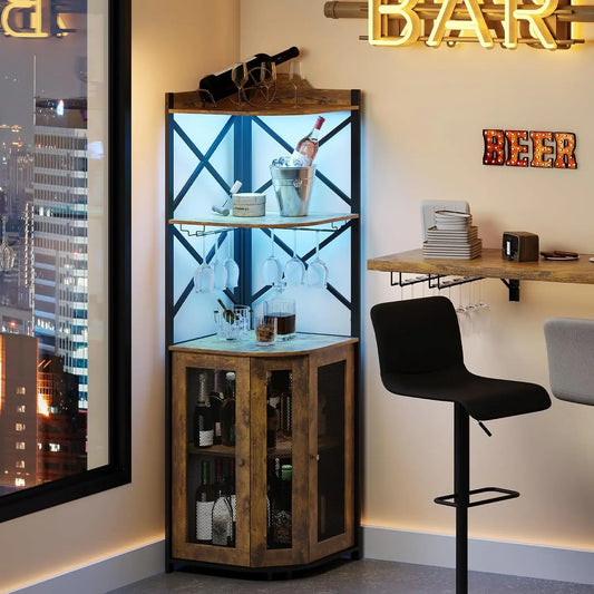 Farmhouse Corner Bar Cabinet with LED Lights & Glass Holders