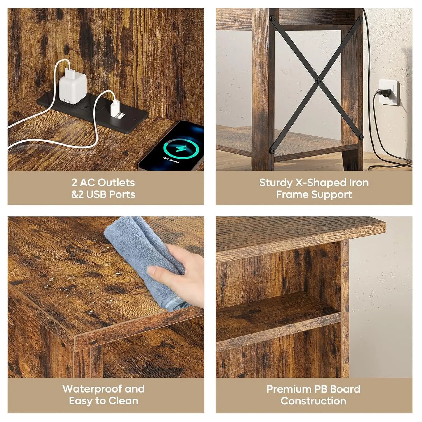 Set of 2 Rustic Nightstands with USB-C Charging Station