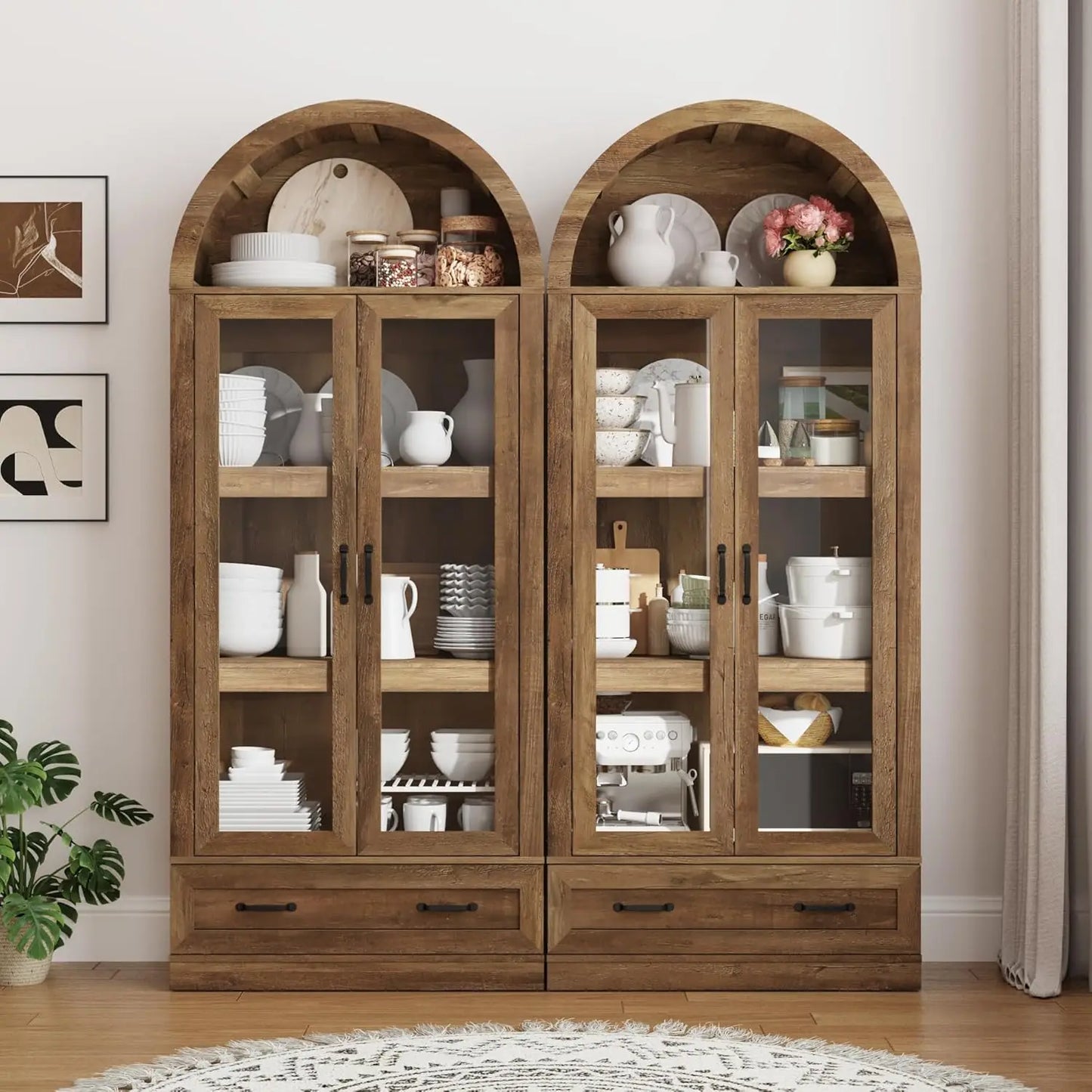75" Tall, Arched Kitchen Pantry Cabinet with Glass Doors