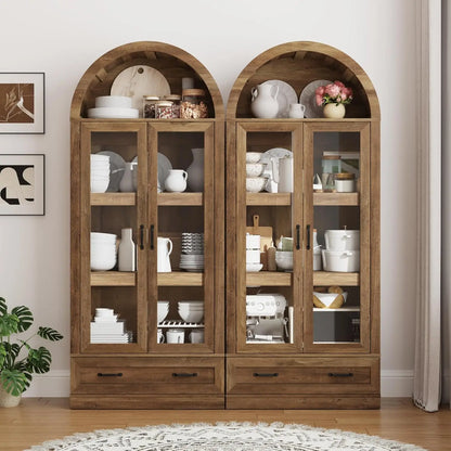 75" Tall, Arched Kitchen Pantry Cabinet with Glass Doors