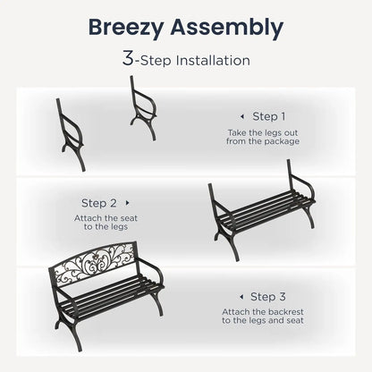 Cast Iron Steel Garden Bench for Patio or Porch