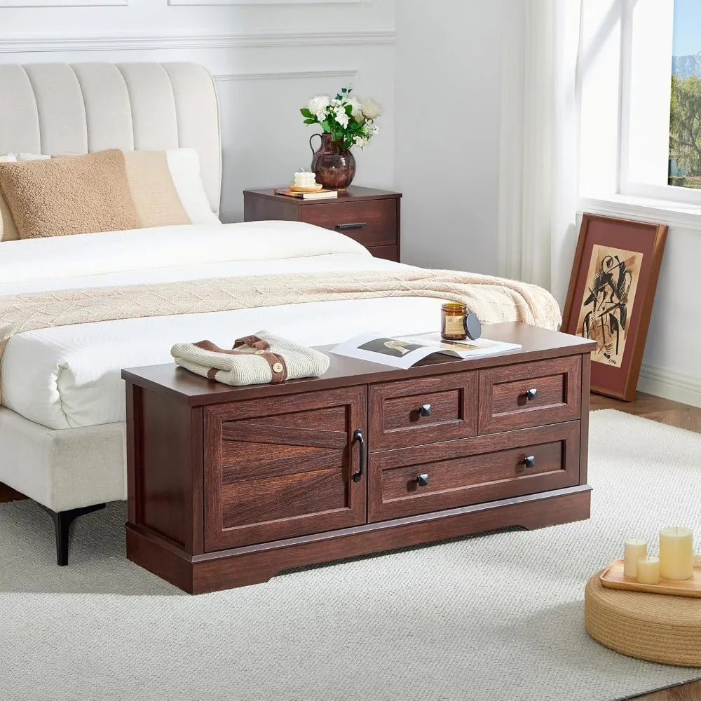 Wooden Farmhouse Storage Bench with Drawers for Bedroom or Living Room
