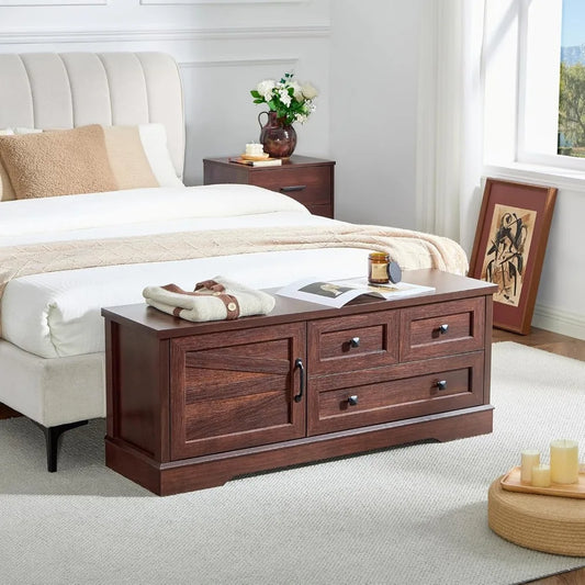 Wooden Farmhouse Storage Bench with Drawers for Bedroom or Living Room