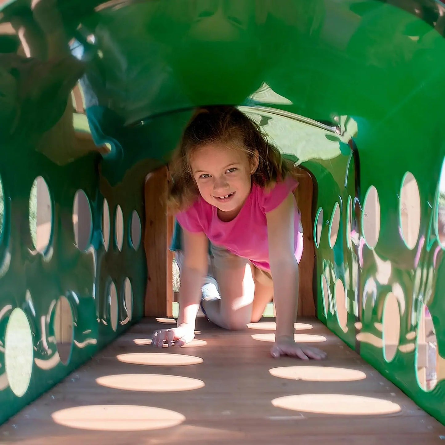 Wooden Play Fort with Swing Set, Slide & Crawl Tunnel
