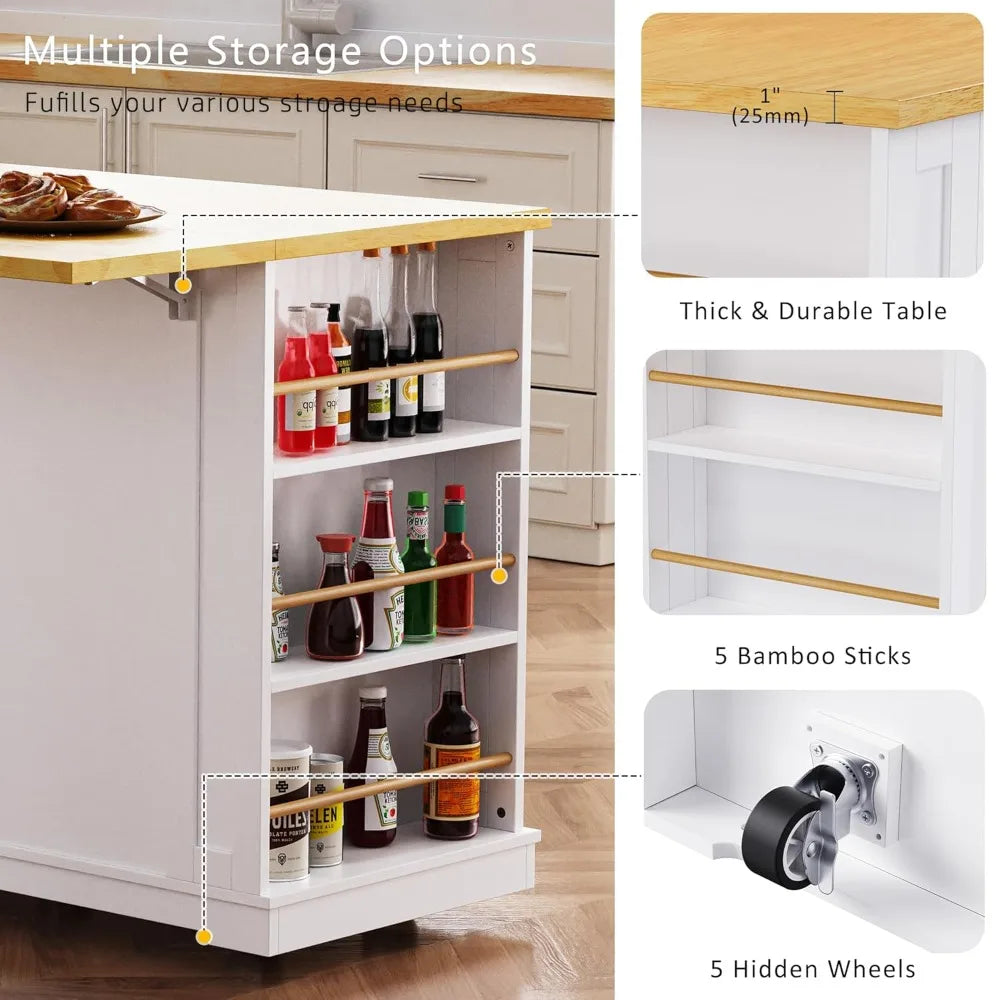 Mobile Farmhouse Kitchen Island with Dining Counter & Power Outlet