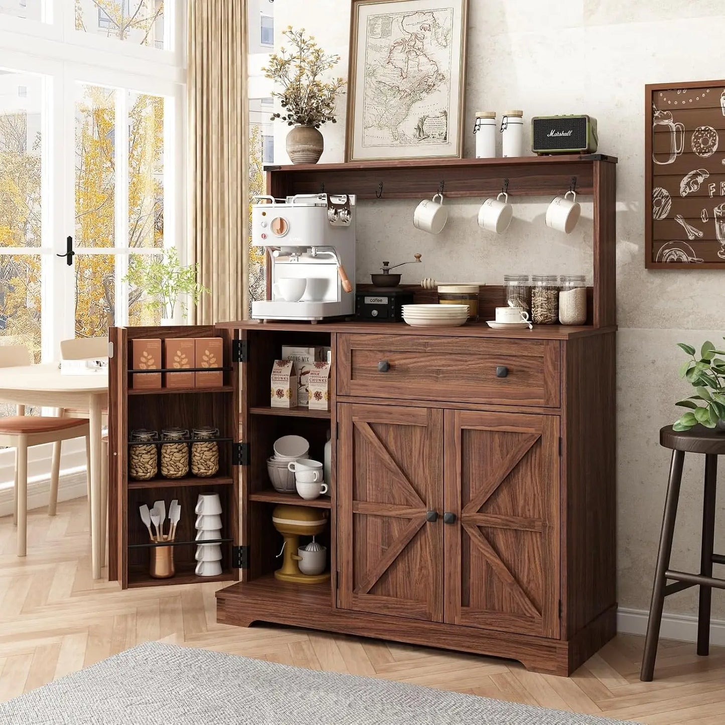 Farmhouse Coffee Bar Cabinet & Hutch with Charging Station