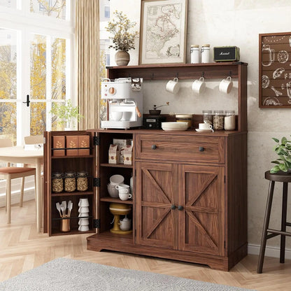 Farmhouse Coffee Bar Cabinet & Hutch with Charging Station