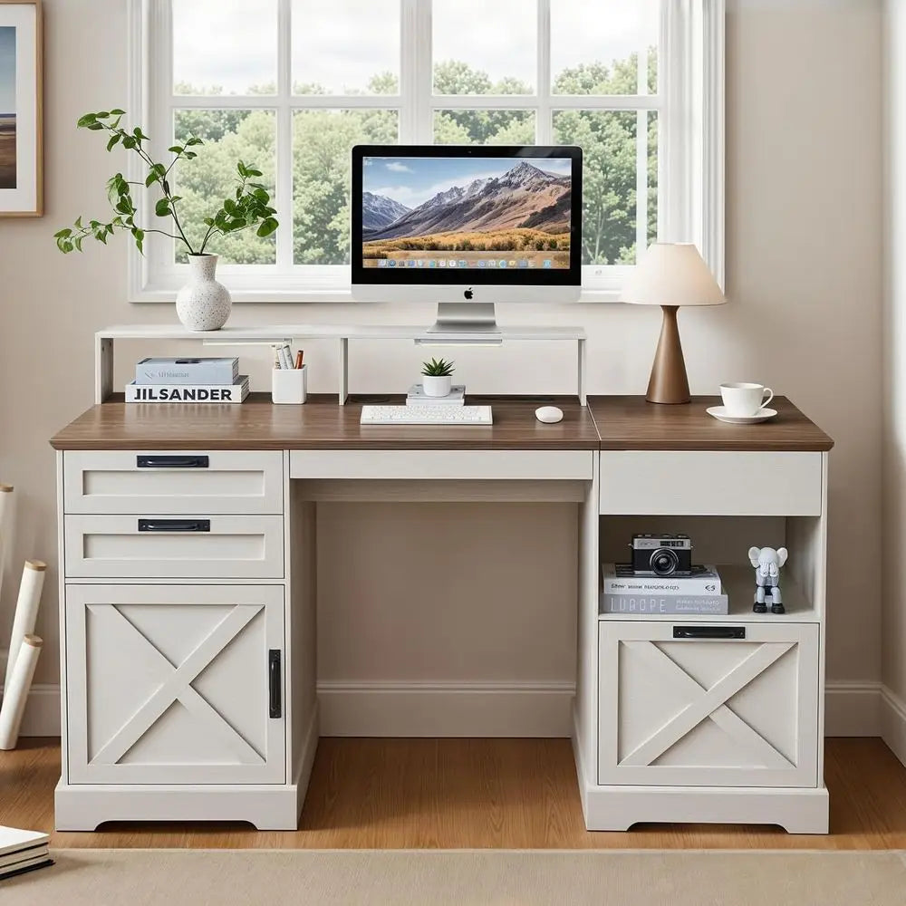 Farmhouse Home Office Desk with File Drawer & Lift Top