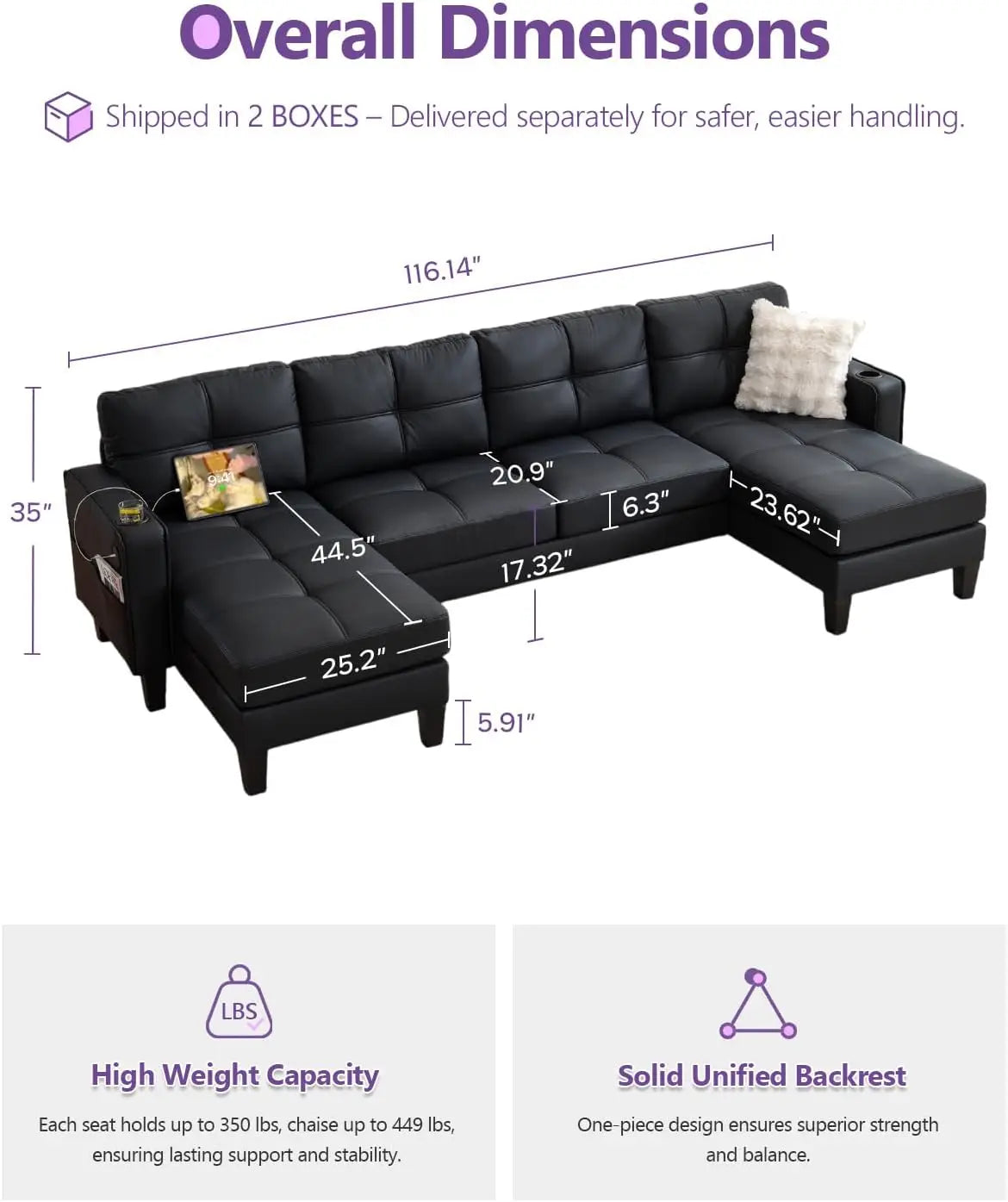 Sectional Sofa with Cup Holders & USB