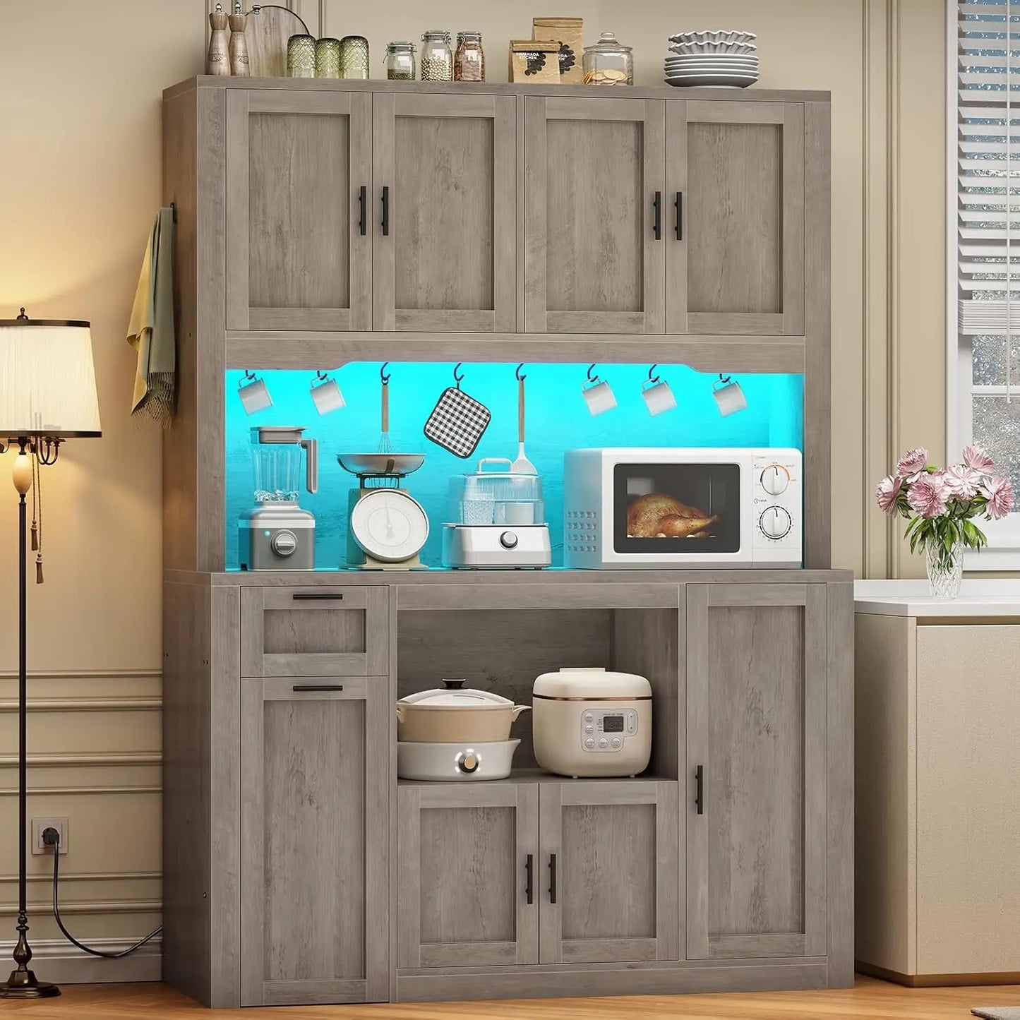 Kitchen Pantry Cabinet with Charging Station & LED Light