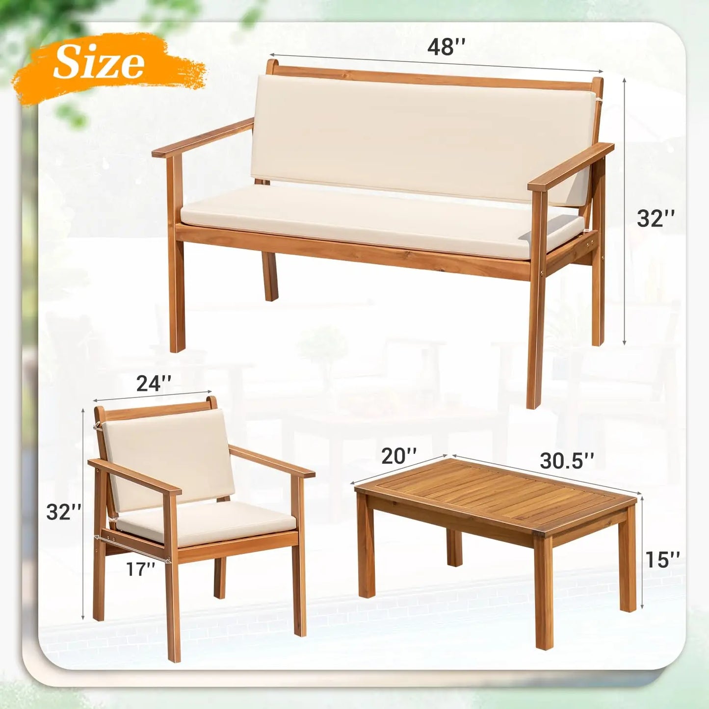 4 Piece Wood Patio Set with Loveseat & Coffee Table