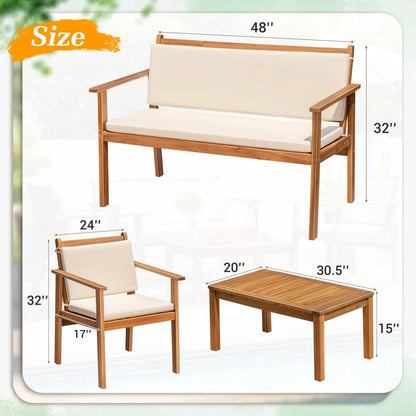 4 Piece Wood Patio Set with Loveseat & Coffee Table