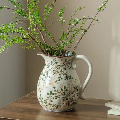 Vintage Floral Pitcher Vase with Handle