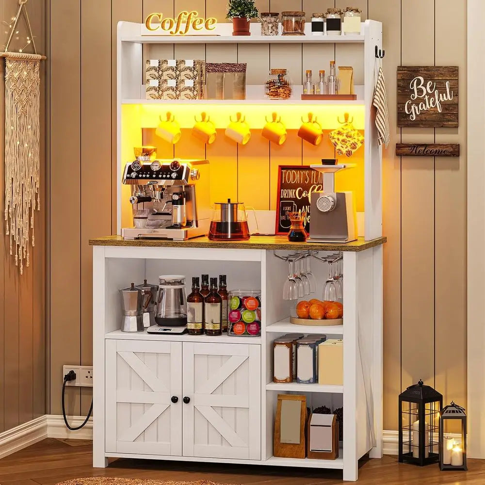 Farmhouse Coffee Bar Cabinet with LED Lighting & Power Outlet
