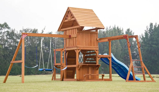 Wooden Play Fort with Swing Set, Slide, Monkey Bar & Plank Bridge