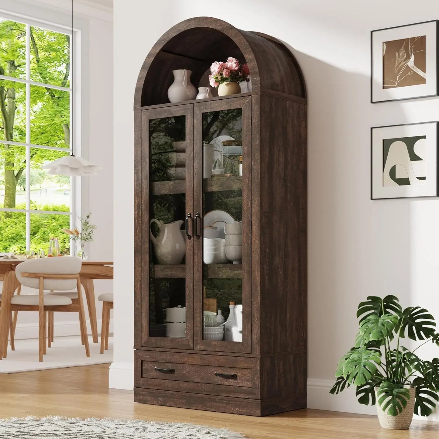 75" Tall, Arched Kitchen Pantry Cabinet with Glass Doors