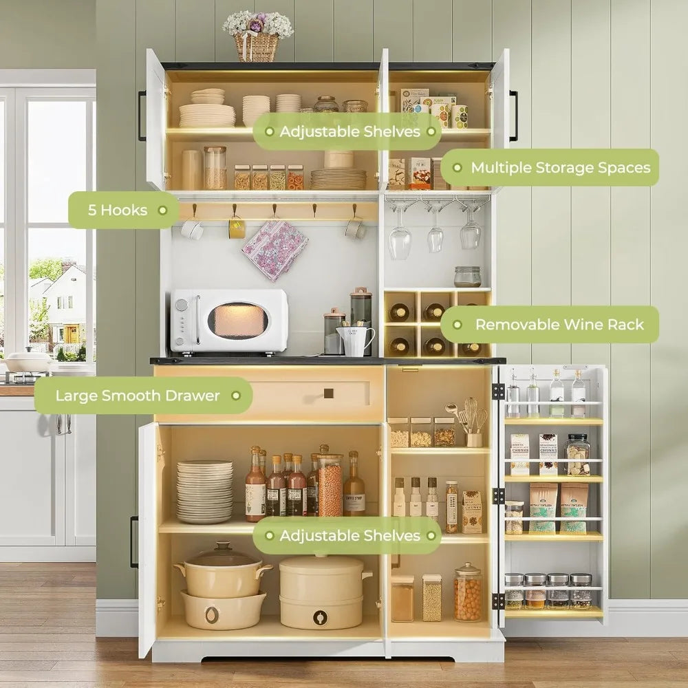 71" Tall Farmhouse Pantry Cabinet with Charging Station & LED Light