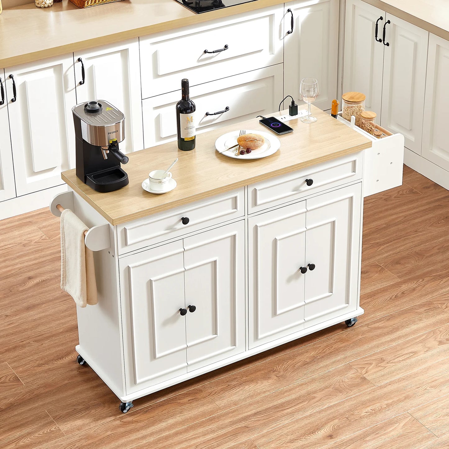 Mobile Kitchen Island with Spice Rack & Power Outlet
