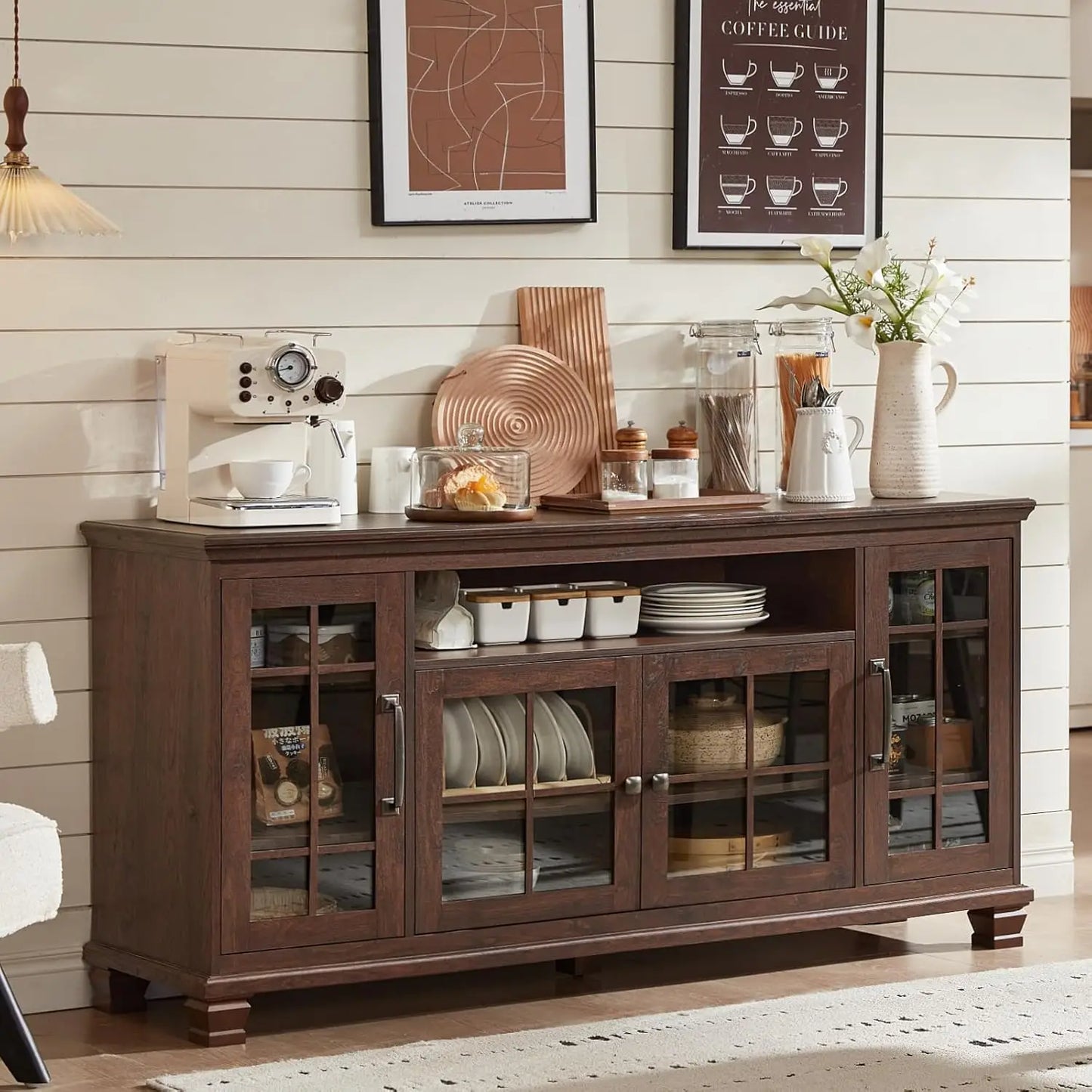 Farmhouse Sideboard Buffet Cabinet with Glass Windows