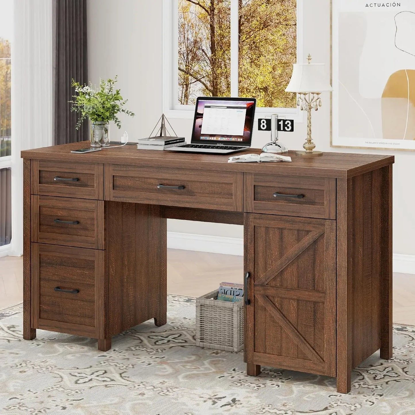 Farmhouse Home Office Desk with Drawers & Storage Cabinet
