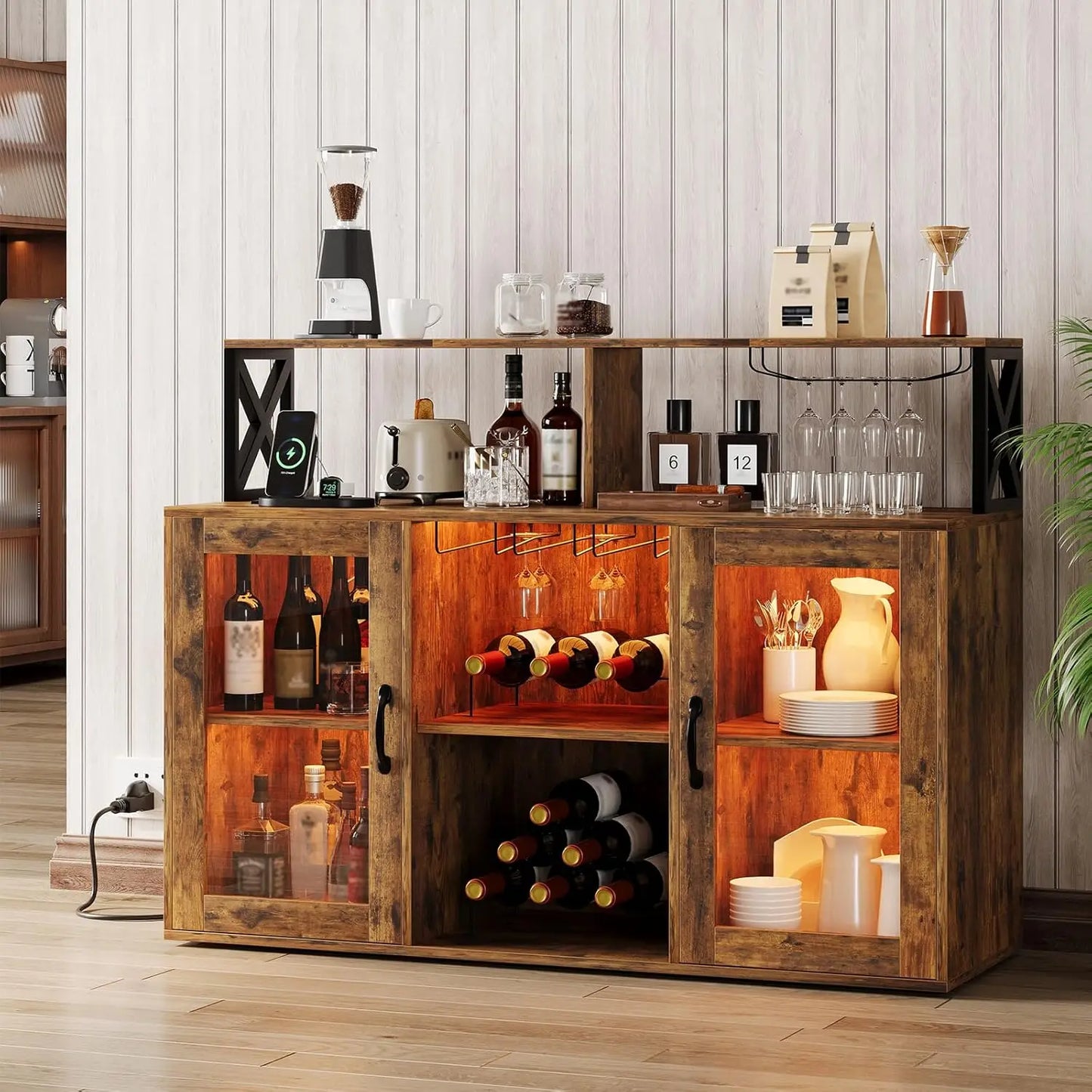 Farmhouse Wine Bar Cabinet with LED Light &Power Outlets