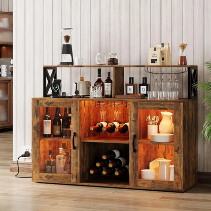 Farmhouse Wine Bar Cabinet with LED Light &Power Outlets