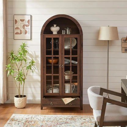 71” Tall, Arched Farmhouse Cabinet with Glass Doors
