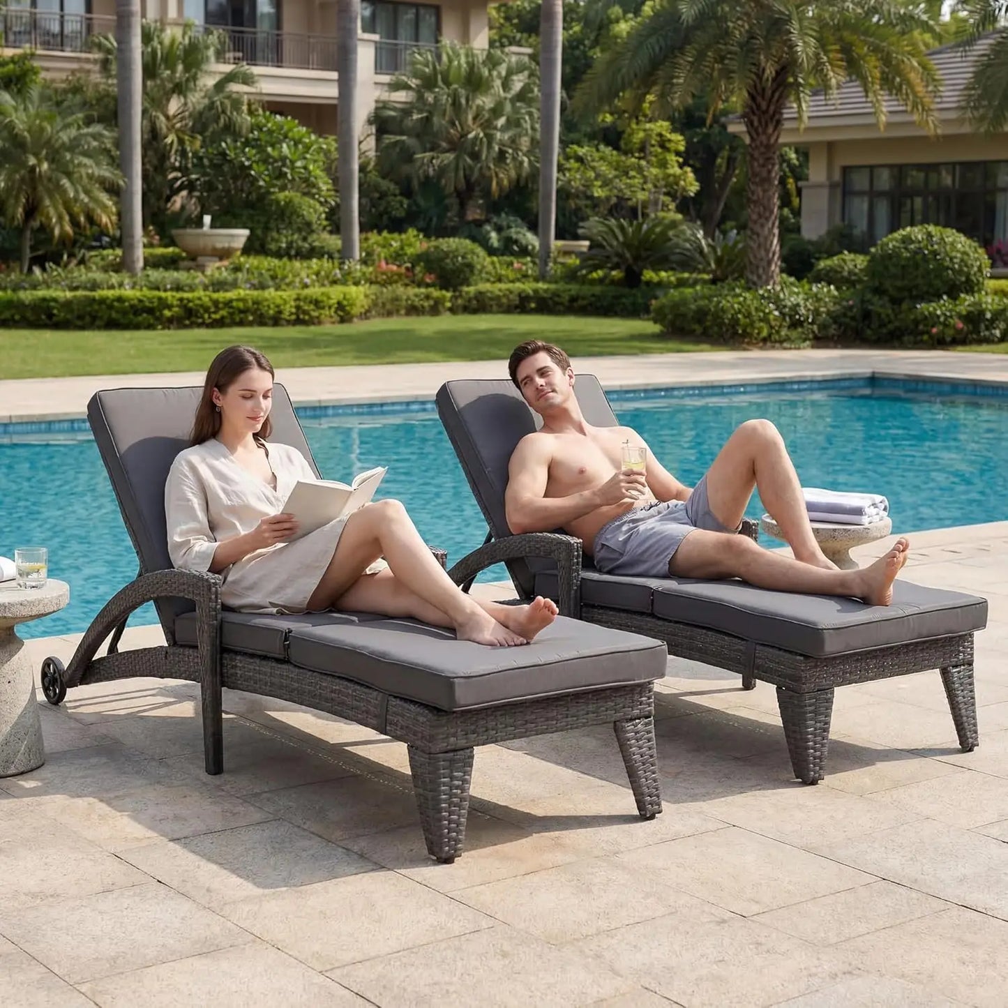 Set of 2 Upholstered Chaise Lounges with Wheels