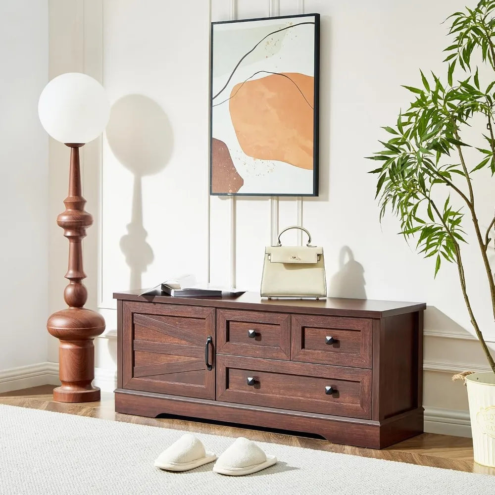 Wooden Farmhouse Storage Bench with Drawers for Bedroom or Living Room