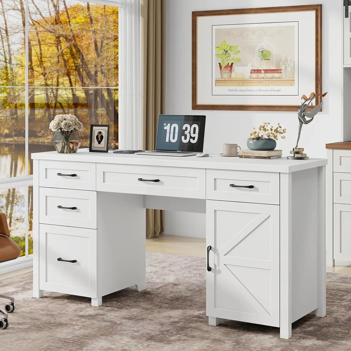 Farmhouse Home Office Desk with Drawers & Storage Cabinet