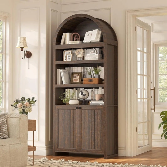 81" Tall Arched Bookshelf with Display Shelves & Cabinet Doors