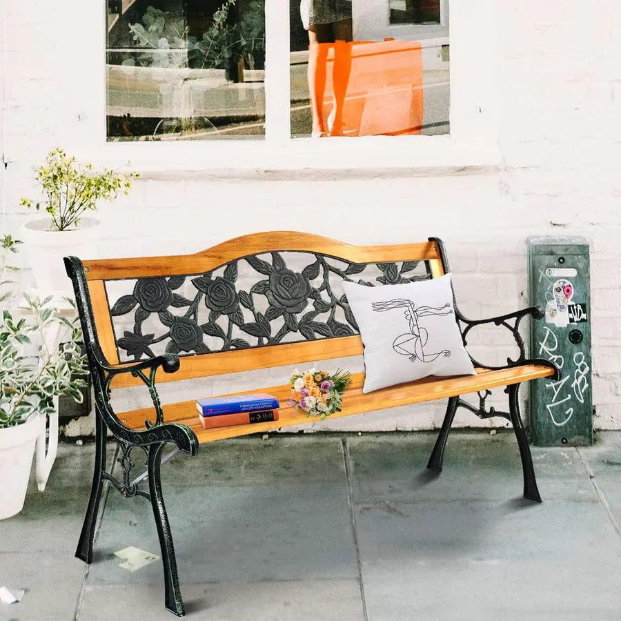 Outdoor Patio Bench with Cast Iron Frame