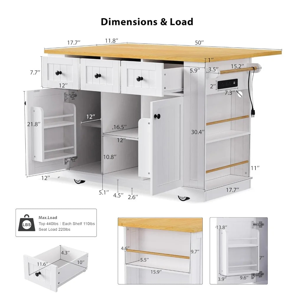 Mobile Farmhouse Kitchen Island with Dining Counter & Power Outlet