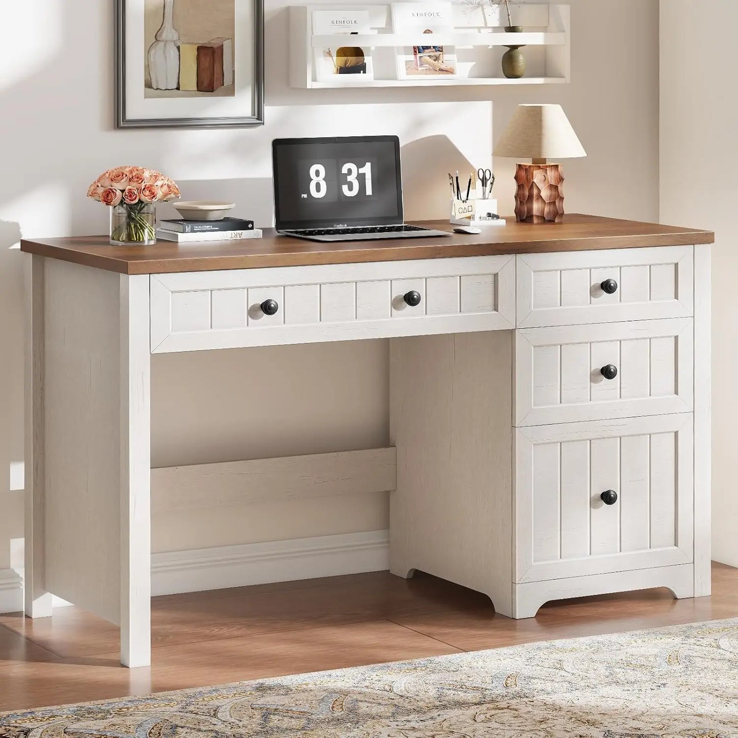 Farmhouse Home Office Desk with File Cabinet & 4 Drawers