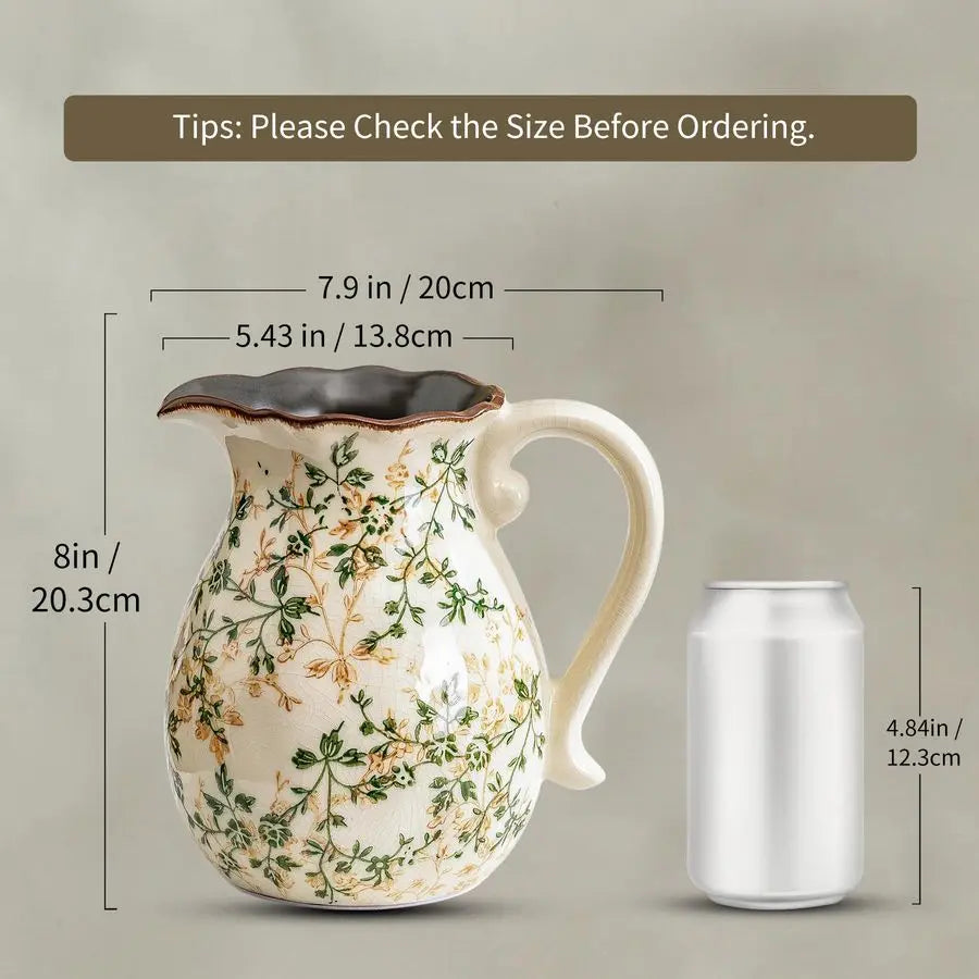 Vintage Floral Pitcher Vase with Handle