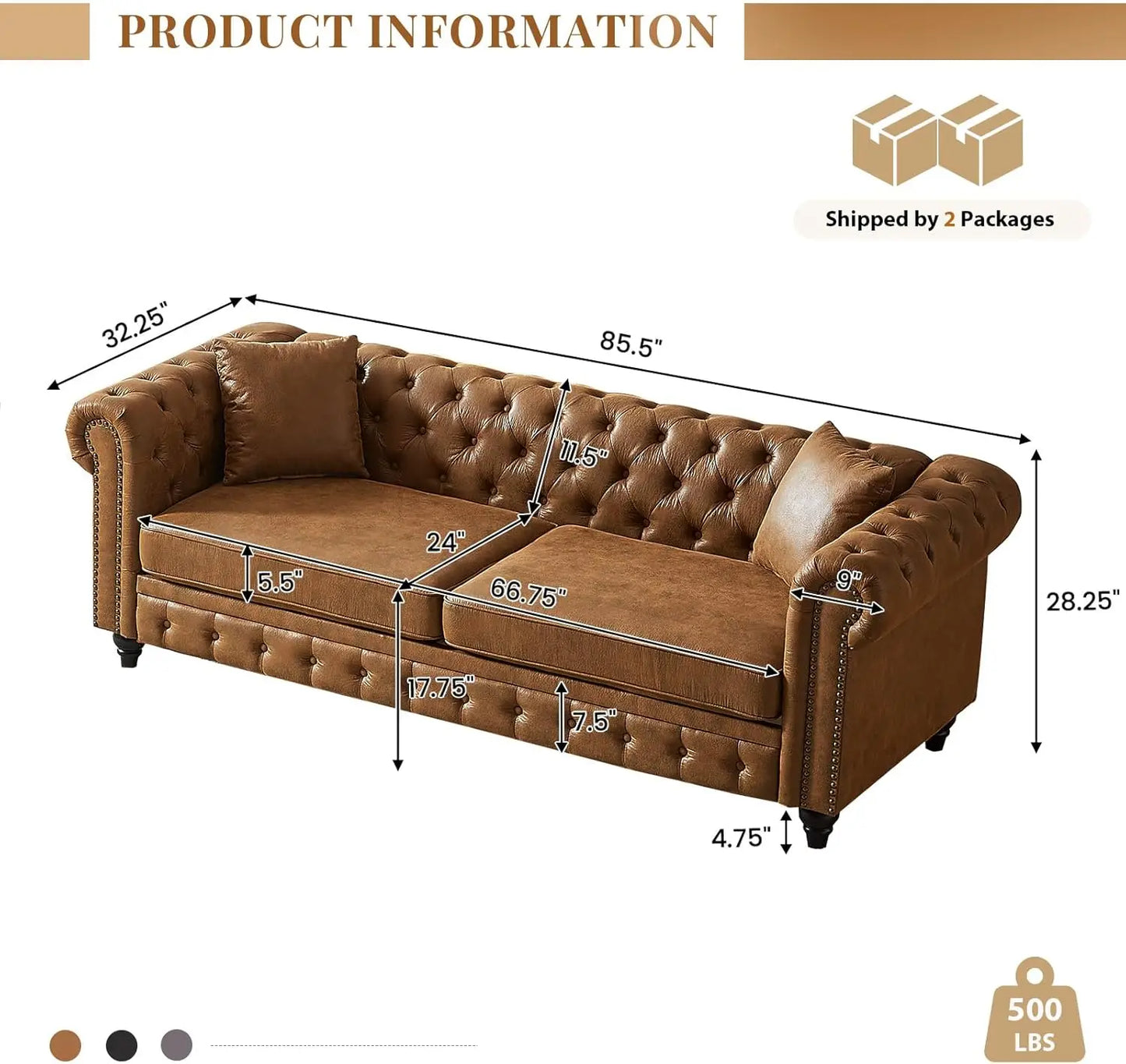 Chesterfield Sofa Couch with Rolled Arms