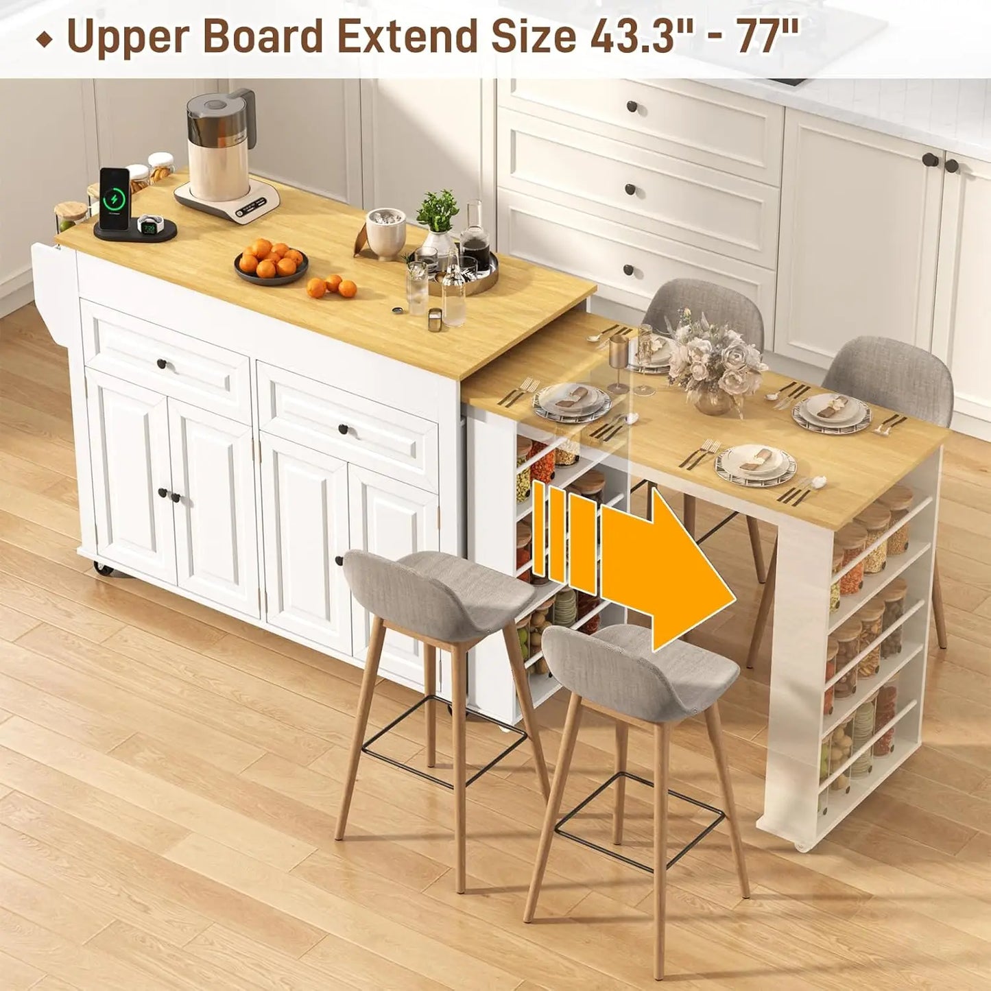 Extendable Kitchen Island with Dining Area & Power Outlet