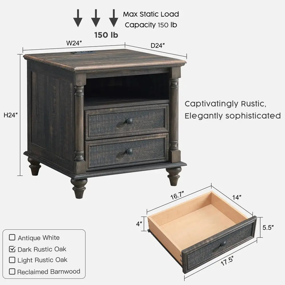 Farmhouse End Table with 4 Solid Wood Feet & Charging Station