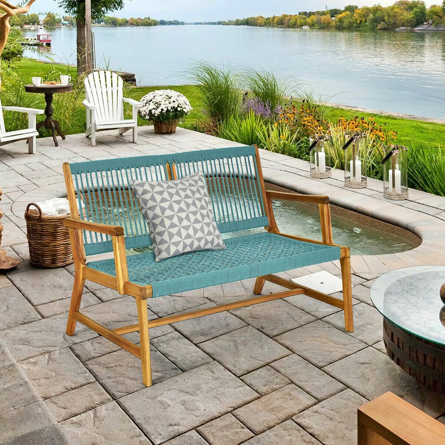 Wooden Rope Bench for Patio or Poolside