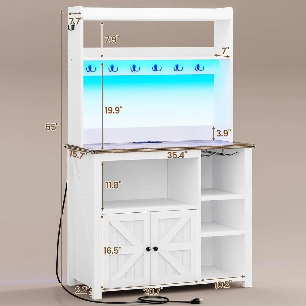 Farmhouse Coffee Bar Cabinet with LED Lighting & Power Outlet