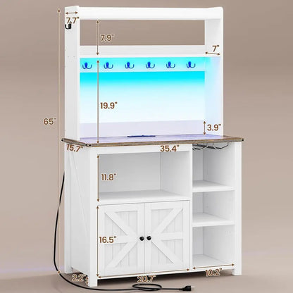 Farmhouse Coffee Bar Cabinet with LED Lighting & Power Outlet